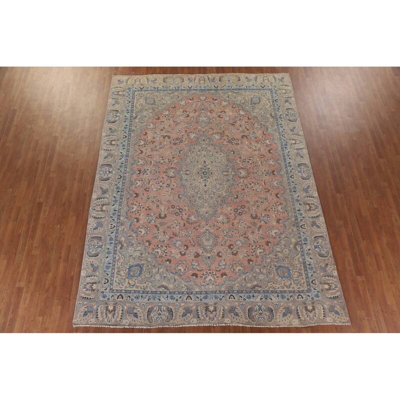 Hand Knotted Oriental 100% Wool Carpet Traditional Floral Pink Mashad Area Rug - 11' 6'' X 8' 9''