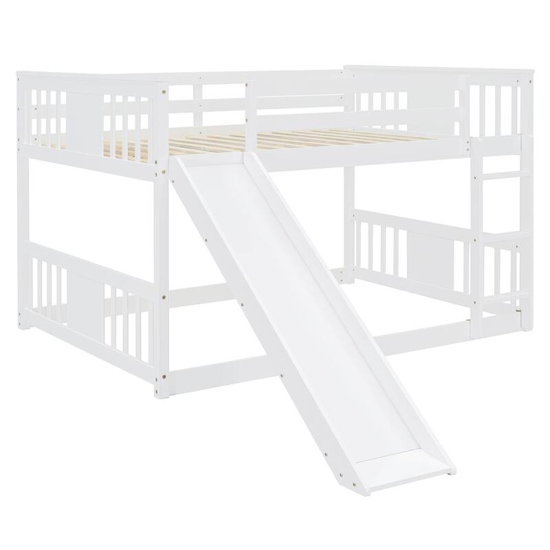 Full over Full Bunk Bed with Built-in Ladder and Slide, Wooden Full Size Floor Bunk Bed Frame