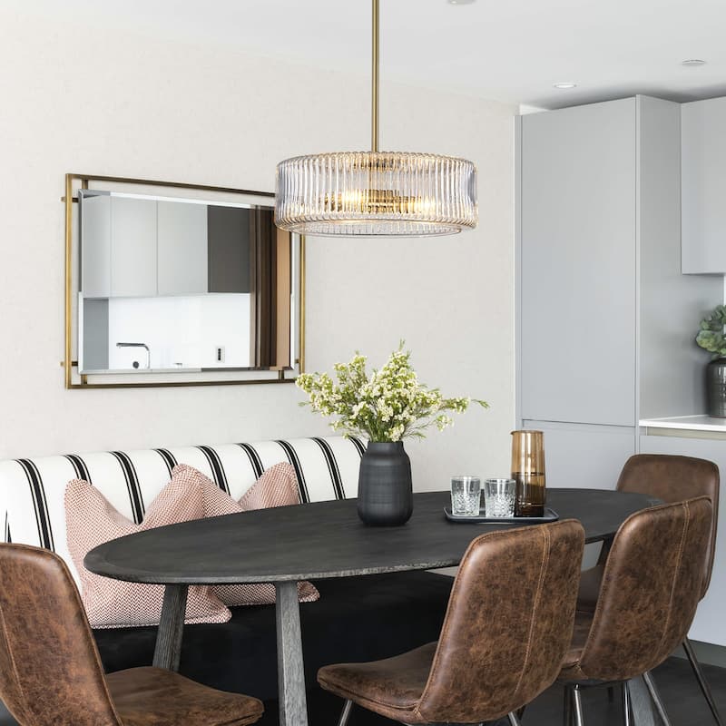 Modern Industrial 3-Light Clear Ribbed Glass Drum Pendant Light for Dining and Living Room