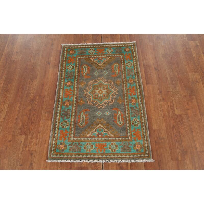 Gray Geometric Kazak Accent Rug Hand-Knotted Geometric Wool Carpet - 2'1"x 2'10"