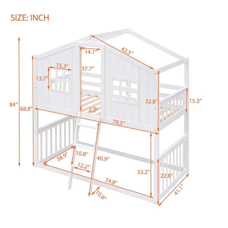 Twin Over Twin House Bunk Bed With Ladder, Wood Bed-Espresso