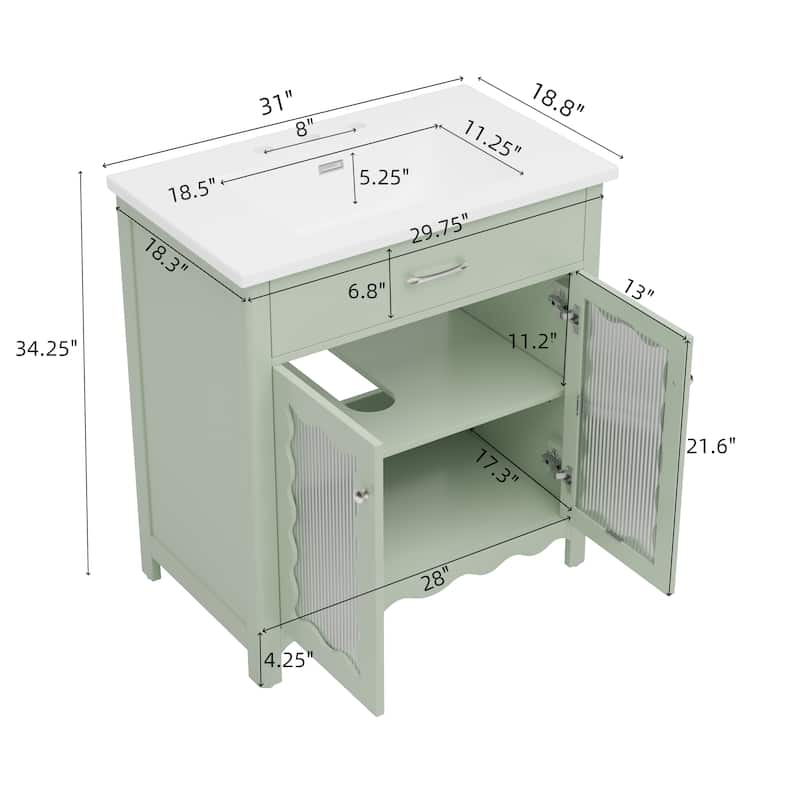 31" Bathroom Vanity with Tempered Glass, Ceramic Sink, Rubber Wood Legs & Soft-Close Doors