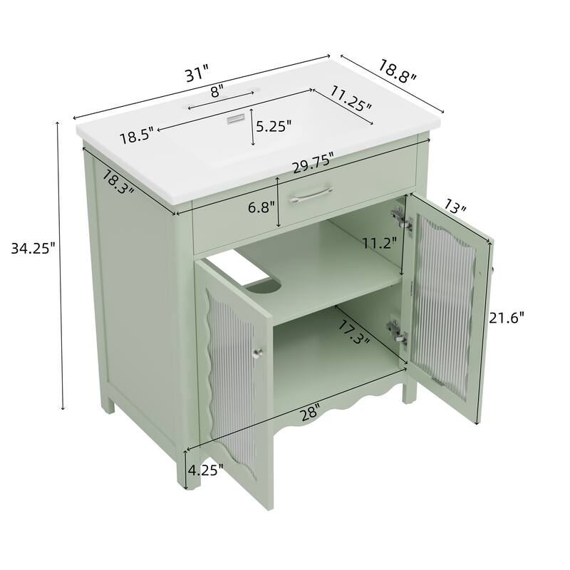 31" Bathroom Vanity with Tempered Glass,Modern Bathroom Cabinet with Rubber Wood legs and Soft close Doors