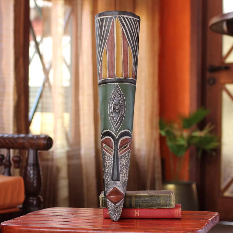 Handmade Amoo African Wood Mask (Ghana) - 19.75" H x 4.3" W x 2" D