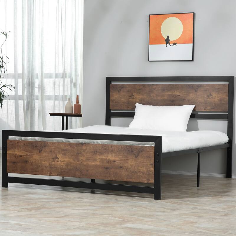 Full Size Metal Platform Bed with Strong Slats, Headboard, and Footboard