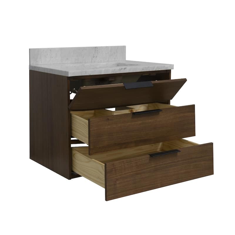 KitchenBathCollection Oslo 30" Floating Wall-Mounted Bathroom Vanity with Carrara Marble Top