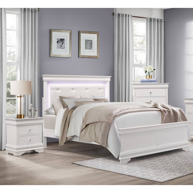 Modern White Bedroom Furniture 3pc Set Upholstered Bed Nightstand Chest