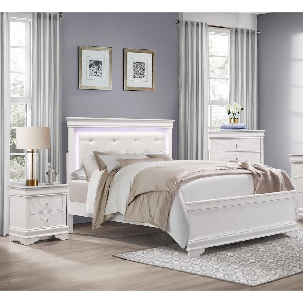 Modern White Bedroom Furniture 3pc Set Upholstered Bed Nightstand Chest