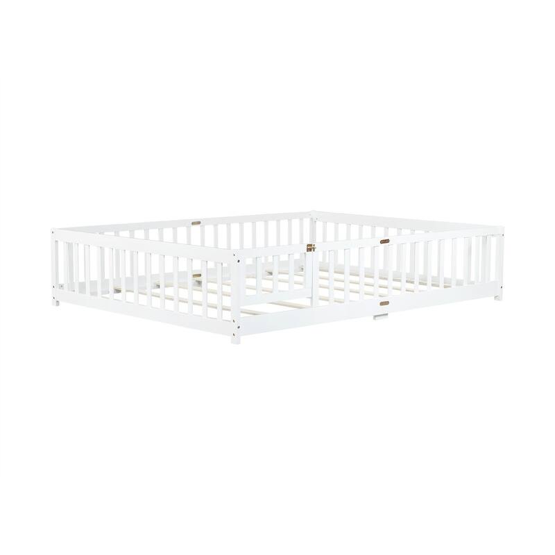 Twin/Full/Queen Size Floor Bed with Fence Guardrails and Door, Rubber Wood Toddler Bed Montessori Bed with Slats Support