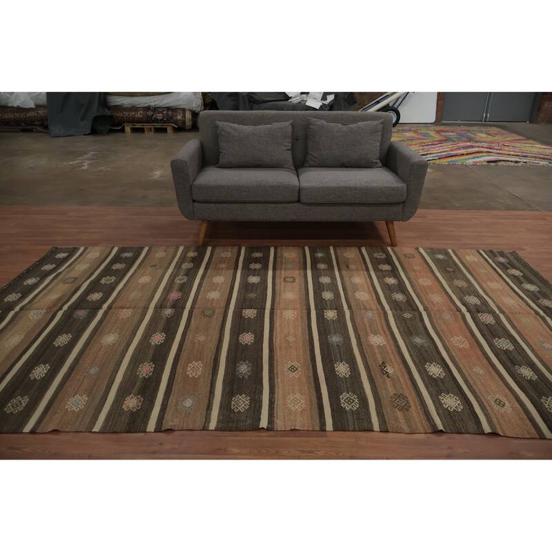 Hand Woven Oriental 100% Wool Carpet Southwestern Tribal Brown Kilim Area Rug - 10' 7'' X 5' 8''