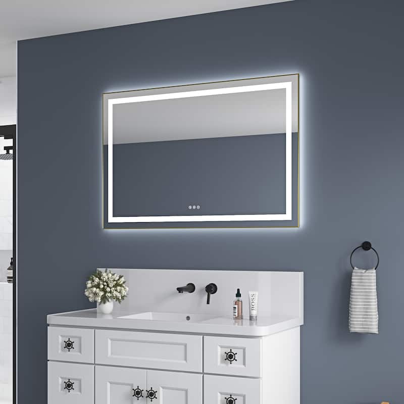 48 x 32 Inch LED Bathroom Mirror with Front and Backlight, Wall Mounted Vanity Mirror with Aluminum Frame, Anti-Fog - Brushed Gold