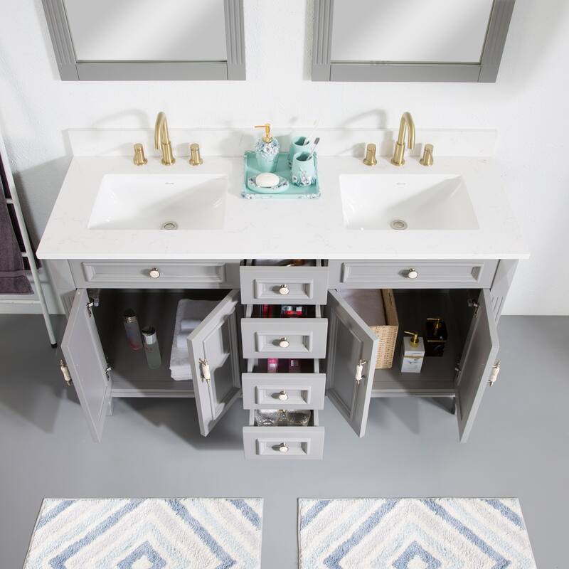 35'' H Solid Wood Bath Vanity with Stain-resistant Carrera White Quartz Top and Double Sink
