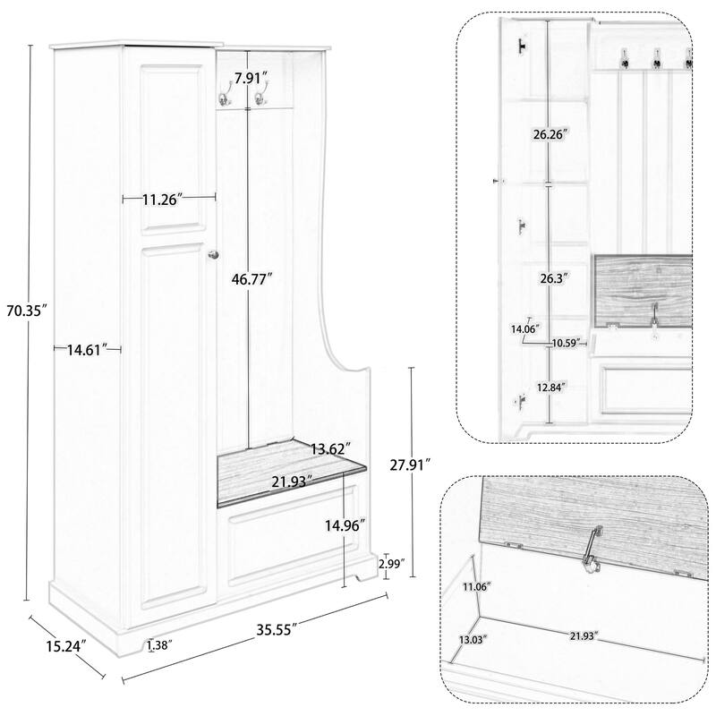 Entryway Hall Tree with Storage Bench, Adjustable Shelves & Hanging Hooks