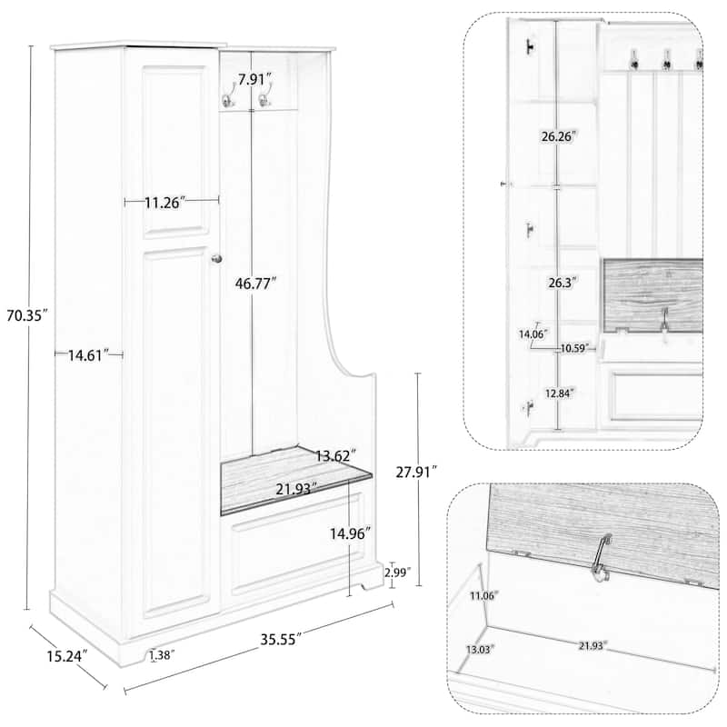 Shoe Cabinet with Flip-Up Bench, Adjustable Shelves and Hanging Hooks - 15.24"W x 47.24"H x 35.55"D