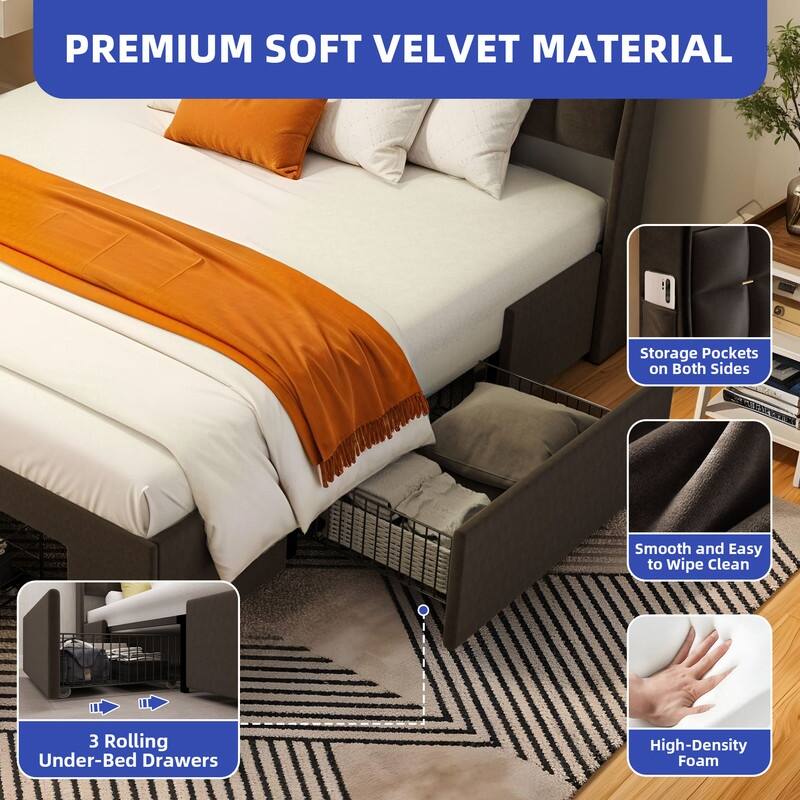 Moasis Queen/King Size Velvet Upholstered Bed with Charging Station and Storage Drawers