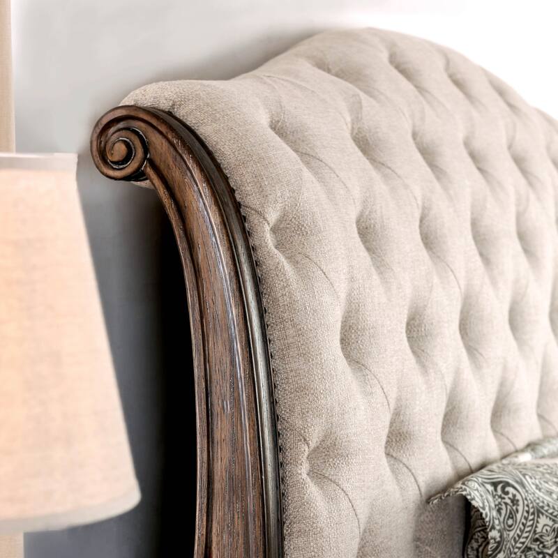 Furniture of America Brev Rustic Beige Tufted Fabric Sleigh Bed
