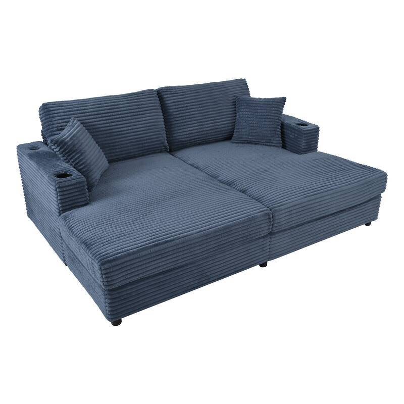 86.5" Corduroy Chaise Lounge Sofa with 2 USB Ports, Cup Holders, and 550lb Capacity