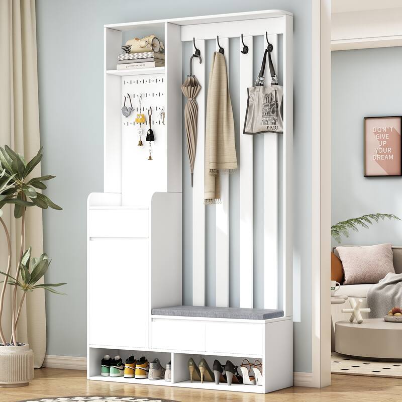 Hall Tree with Upholstered Storage Bench, Hallway Shoe Cabinet with Pegboard, Modern Coat Rack with 4 Hooks for Entryway - White