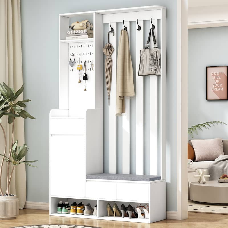 Roomfitters Modern Hall Tree with Storage Bench, Multifunctional Mudroom Cabinet with Pegboard and 4 Hooks - White
