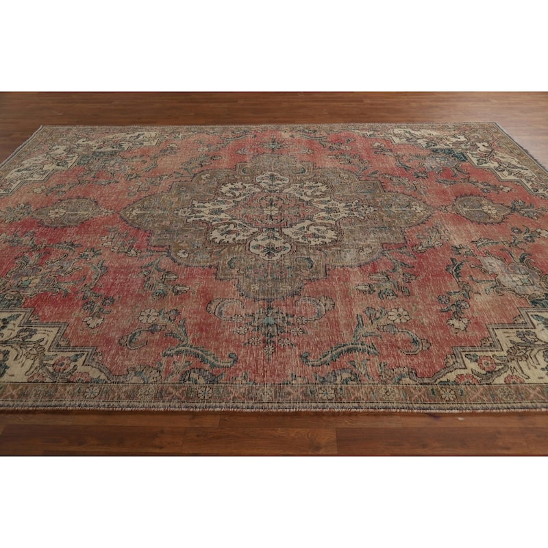 Pink Tabriz Persian Vintage Rug Hand-Knotted Wool Carpet - 7'8" x 10'8"