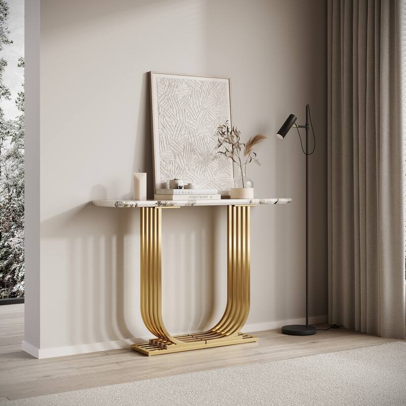43.3" Modern Faux Marble Top Accent Console Table - White+Gold