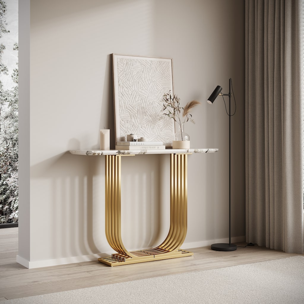 43.3-inch Accent Table, Modern wooden imitation marble counter top Console Table, Narrow type, sofa, Living room