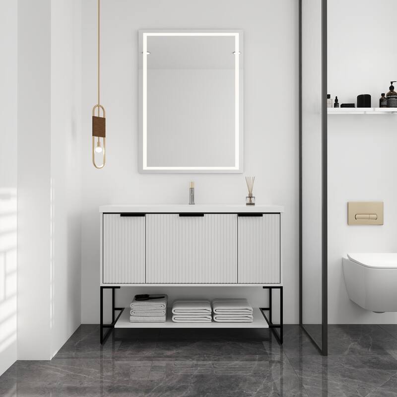 48 inch White Plywood Freestanding Bathroom Vanity Set with Open shelf and Integrated Resin Sink