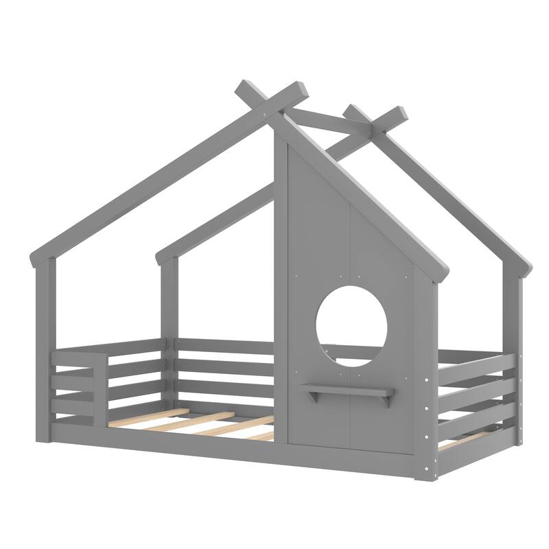 Full/Twin Size House Floor Bed with Window & Shelf, Solid Wood House-Shaped Design