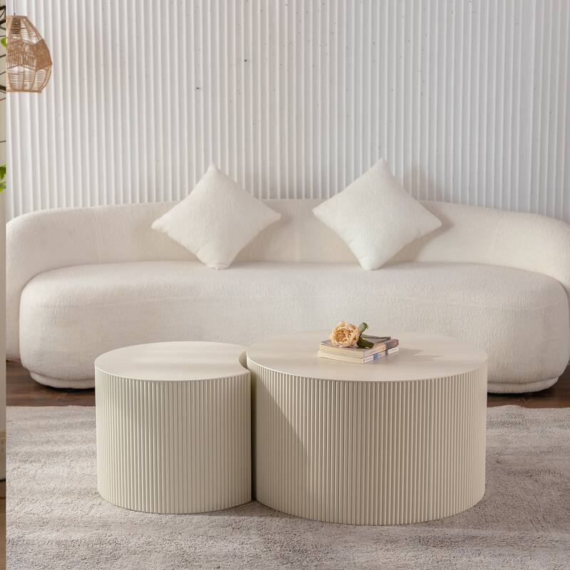 33.86" Modern Coffee Table with Solid‑Wood Relief & Gear Motif - Beige+Cream