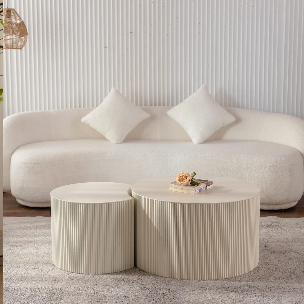 Nesting Round Coffee Table, Handcrafted Relief Olive-Shaped Tea Table with Base, Wooden Circle Accent Center Table, Set of 2