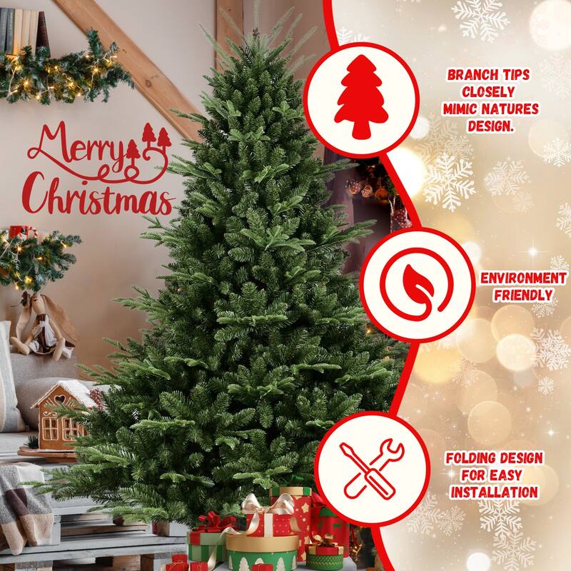 Full-Shaped 7.5FT Christmas Tree with 2441 Tips - PE/PVC Mixed Needles, Wide Base for Large Spaces, Hinged Structure,Metal Stand