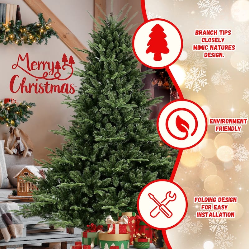 Full-Shaped 8FT Christmas Tree with 2673 Tips - PE/PVC Mixed Needles, Wide Base for Large Spaces, Hinged Structure, Metal Stand