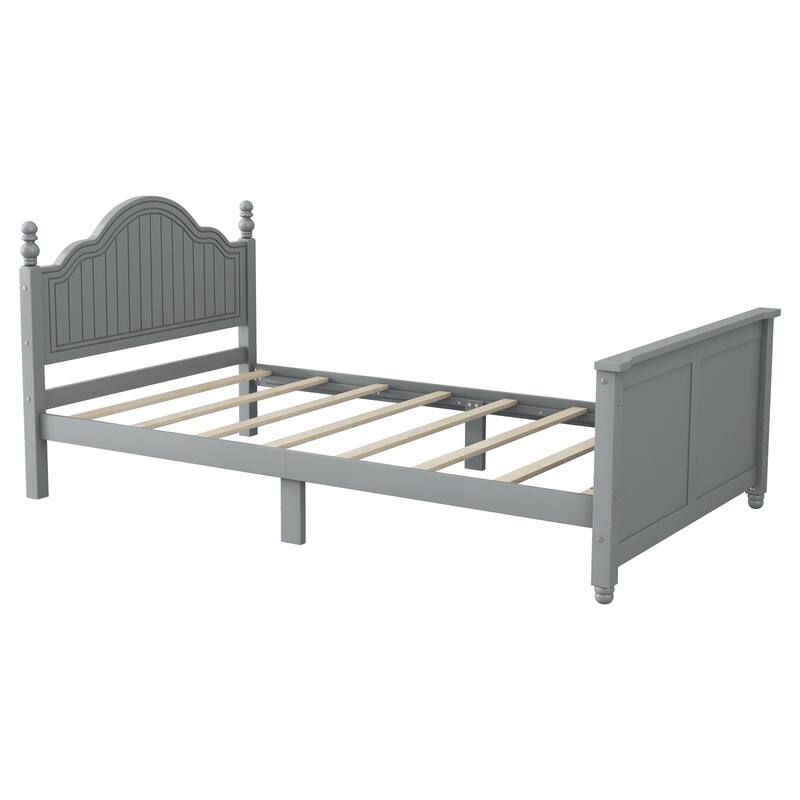 Gray Twin Size Wood Platform Bed with Headboard and Footboard for Kids, Low Profile Design with Safety Guardrails