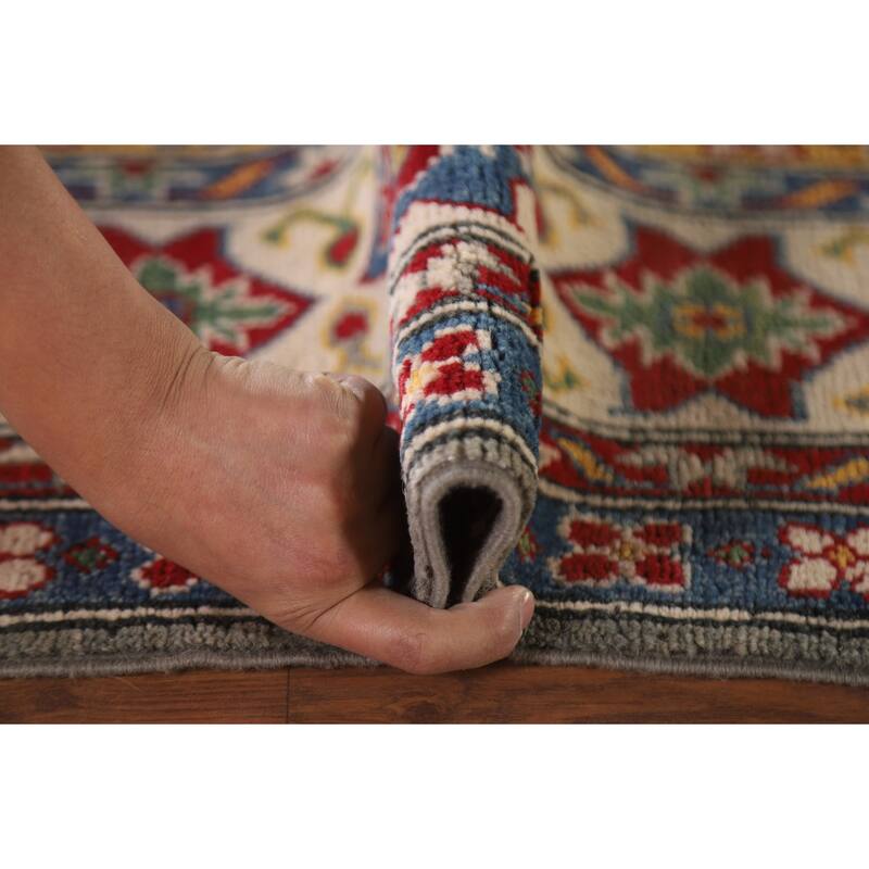 Hand Knotted Oriental 100% Wool Carpet Traditional Geometric Greys & Charcoal Kazak Area Rug - 9' 10'' X 6' 6''