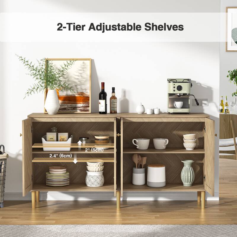 Anmytek Modern 63" W 4-Door Large Sideboard Buffet Rattan Kitchen Storage Cabinet with Adjustable Shelves
