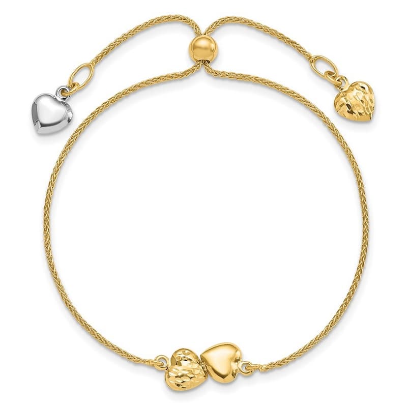 Curata 0.84mm 14k Two tone Gold Polished Sparkle Cut Love Heart Adjustable Bracelet