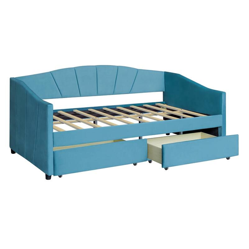 Twin Size Daybed Frame Rays Pattern Design Velvet Upholstered Daybed with 2 Drawers or Trundle, Wood Slat Support