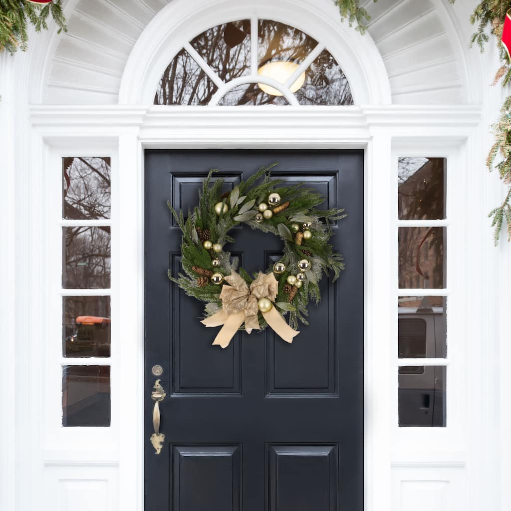 SAFAVIEH Home Faux 28-inch Pine Needle Wreath With Ornaments And Ribbon & Pine Cone