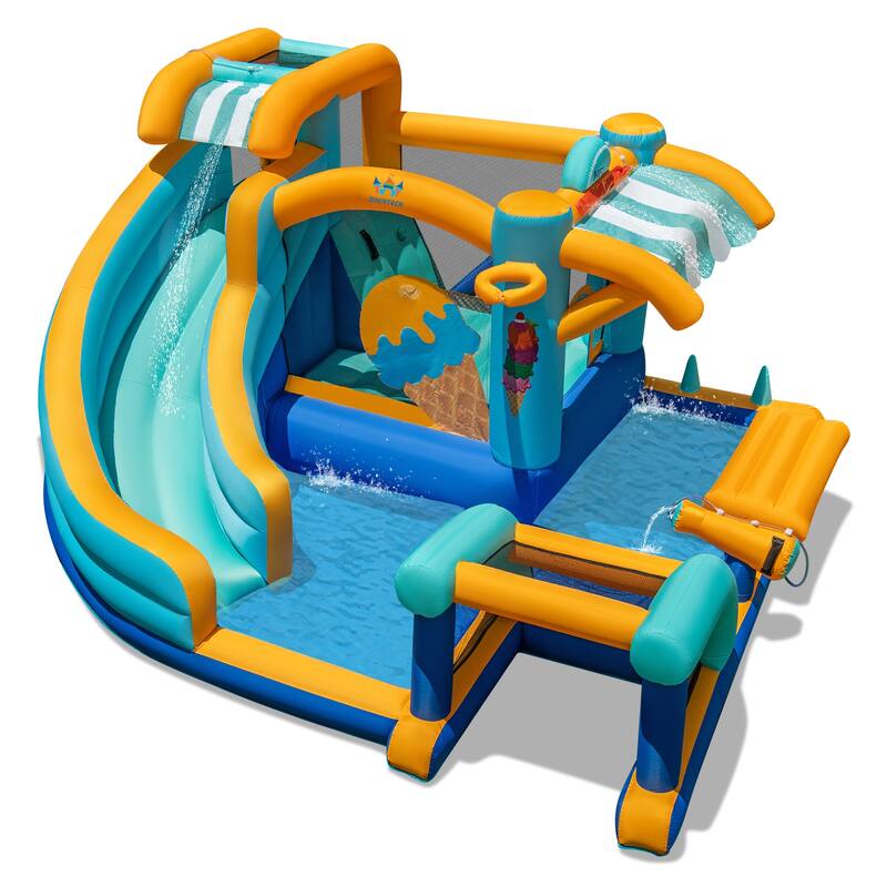 Ice Cream Party Bounce House with Slide and Jumping Area Water Cannon Basketball Football Ring Toss - 149” x 144” x 80”