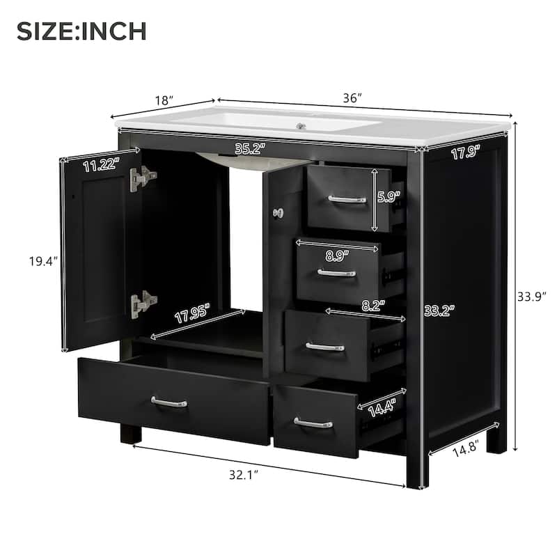 Bathroom Vanity with Sink Combo, Bathroom Cabinet with 2 Soft Close Doors, Solid Wood Vanity Set with 5 Drawers