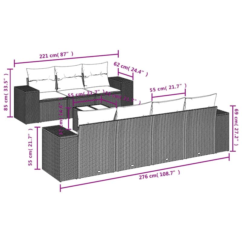 vidaXL Patio Sofa Set with Cushions Outdoor Furniture 8 Piece Poly Rattan - 21.7 x 24.4 x 27.2