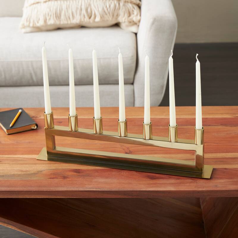 Gold Stainless Steel Metal 7 Candle Candelabra with Rectangular Frame - Gold