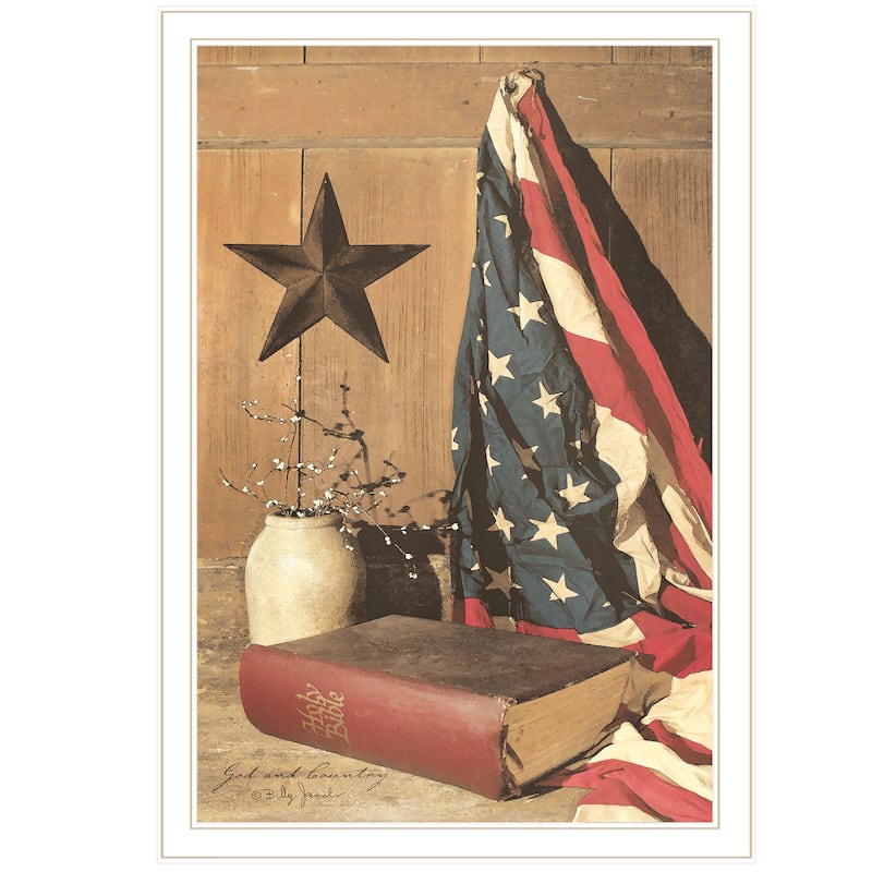 TrendyDecor4U Contemporary "God and Country" Framed Print Wall Art by Billy Jacobs - White