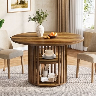 Farmhouse Round Kitchen Dining Table for 4 with Solid Wood Base - Bed ...