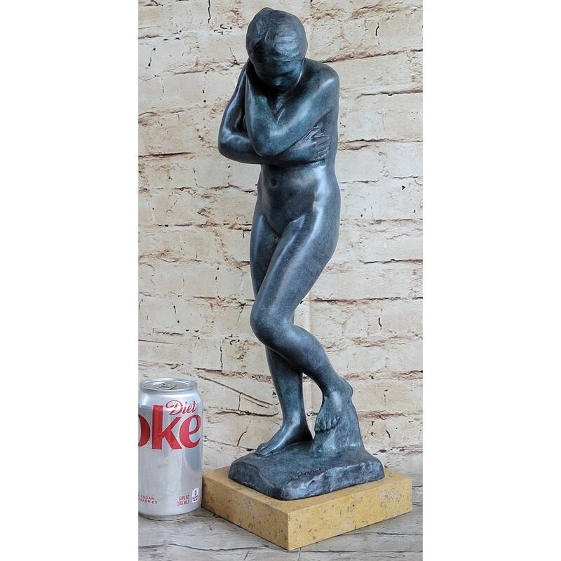 Eve By Auguste Rodin 1880 Bronze Statue Sculpture Replica Green Patina On Tan Marble Base