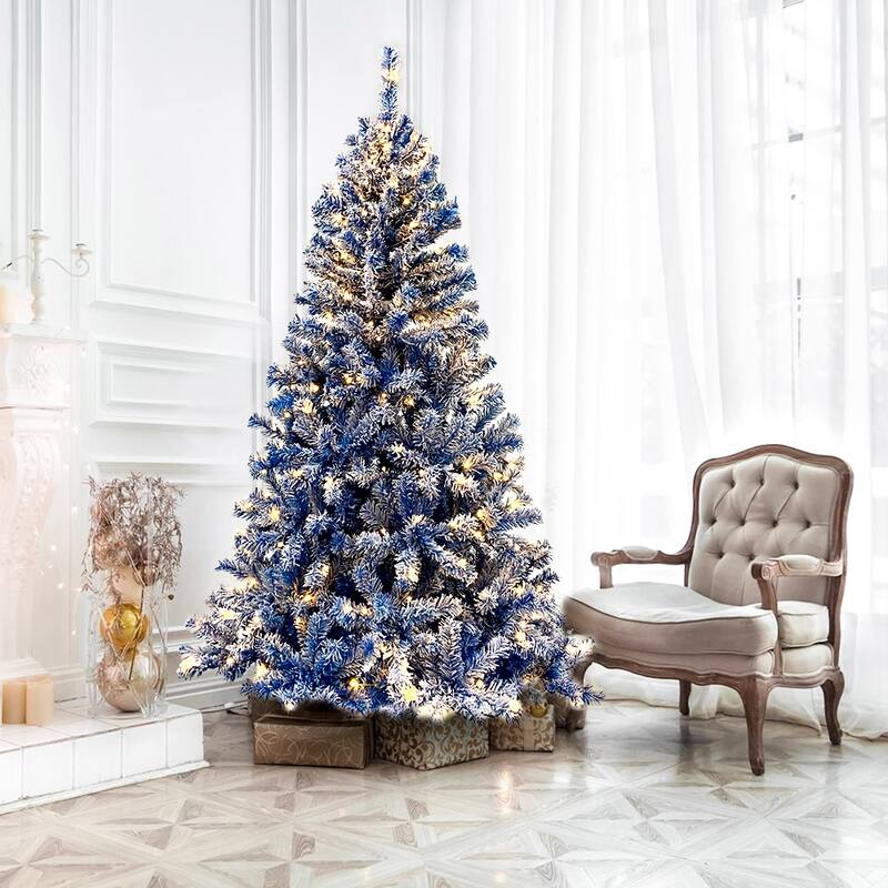 6Ft Blue Christmas Tree with 300 Lights, Snow Flocked Holiday Tree