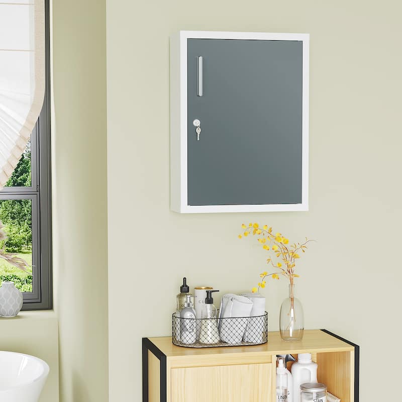 kleankin Wall Medicine Cabinet with Lock, Hanging Medical Cabinet, First Aid Wall Cabinet for Bathroom Kitchen, White and Grey