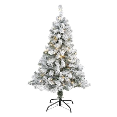 4' Pre-Lit Flocked Rock Spruce Artificial Christmas Tree, Warm Clear LED Lights - 4 Foot