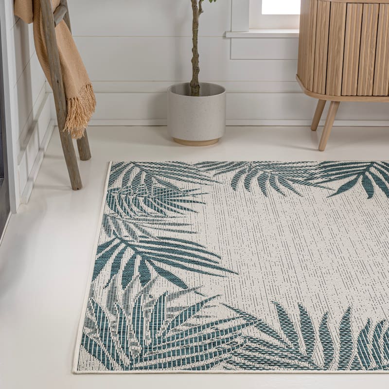 JONATHAN Y Beckett Coastal Cottage Palm Frond Border Blue/Cream Indoor/Outdoor Area Rug