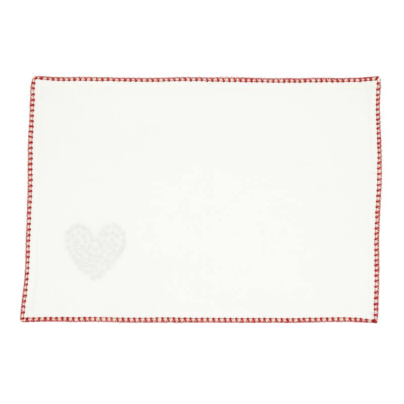 Embroidered Heart Scatter Placemats & Napkins (Set of 8) - Red Mini Heart Table Linens with Scalloped Trim, 13"x19" / 18"x18"